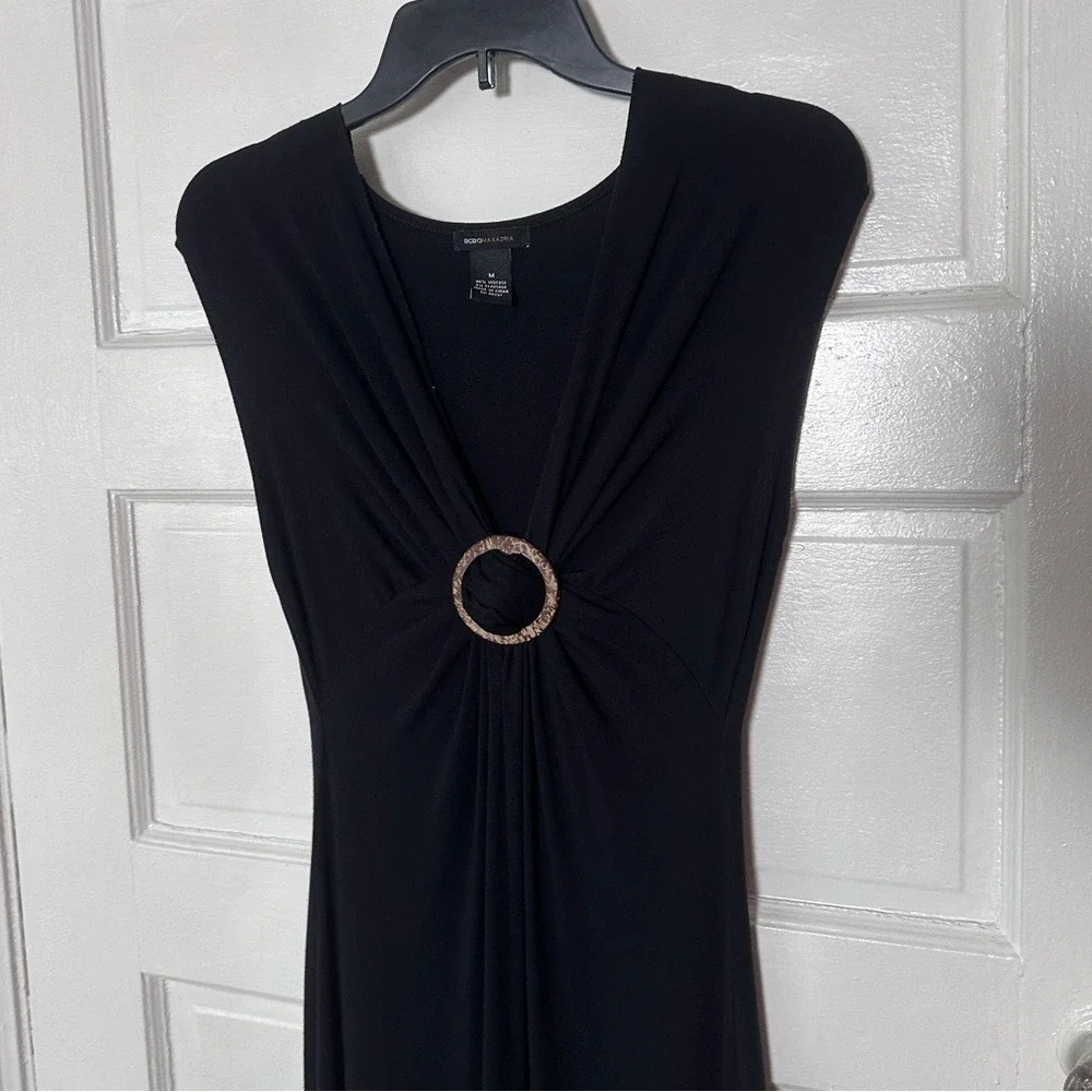 3/$20💥BCBGMaxAzria Black Midi Dress Cinched Waist Bamboo‎ Ring Accent M Stretch